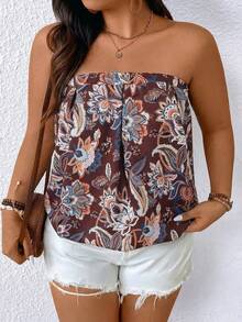 EMERY ROSE Plus Size Women Allover Print Casual Versatile Daily Wear Tube Top - Orange - View 3