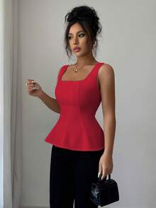 Elenzga 女士优雅方领无袖衬衫，适合办公室、通勤、下午茶、派对、度假、休闲穿着 - 紅色 - 查看 3