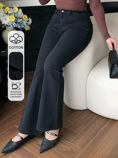 Dazy Plus Solid Color Washed Elastic Fitted Elegant Flare Jeans, Black, All Season