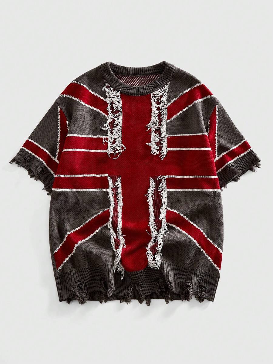 ROMWE MEN Men's Vintage Distressed Flag Print Crew Neck Knit Sweater - Grey - View 1