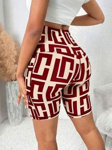 SHEIN Lady 女款對比色印花高腰緊身褲，適合海灘穿著、工作、度假、教師及辦公室穿著 - 酒紅色 - 查看 2