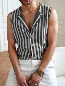 Claim Dot 男士黑白條紋單排扣無袖針織上衣，夏季休閒度假復古直條紋鈕扣上衣，趣味男款 - 灰色 - 查看 3