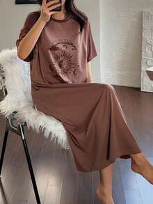 DAZY 太阳图案插肩袖长连衣裙，女士夏季睡衣 - 棕色 - 查看 4