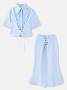 NYA SZN Bộ đồ gồm chân váy maxi và áo tay ngắn buộc dây. - Màu xanh lam - Xem 8