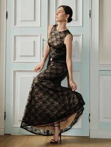 Anewsta Nuevo vestido de encaje de estilo francés elegante con cuello redondo, sin mangas con diseño plisado, decoración con botones metálicos, vestido de encaje con drapeado exquisito para eventos formales de verano - Negro - Ver 3