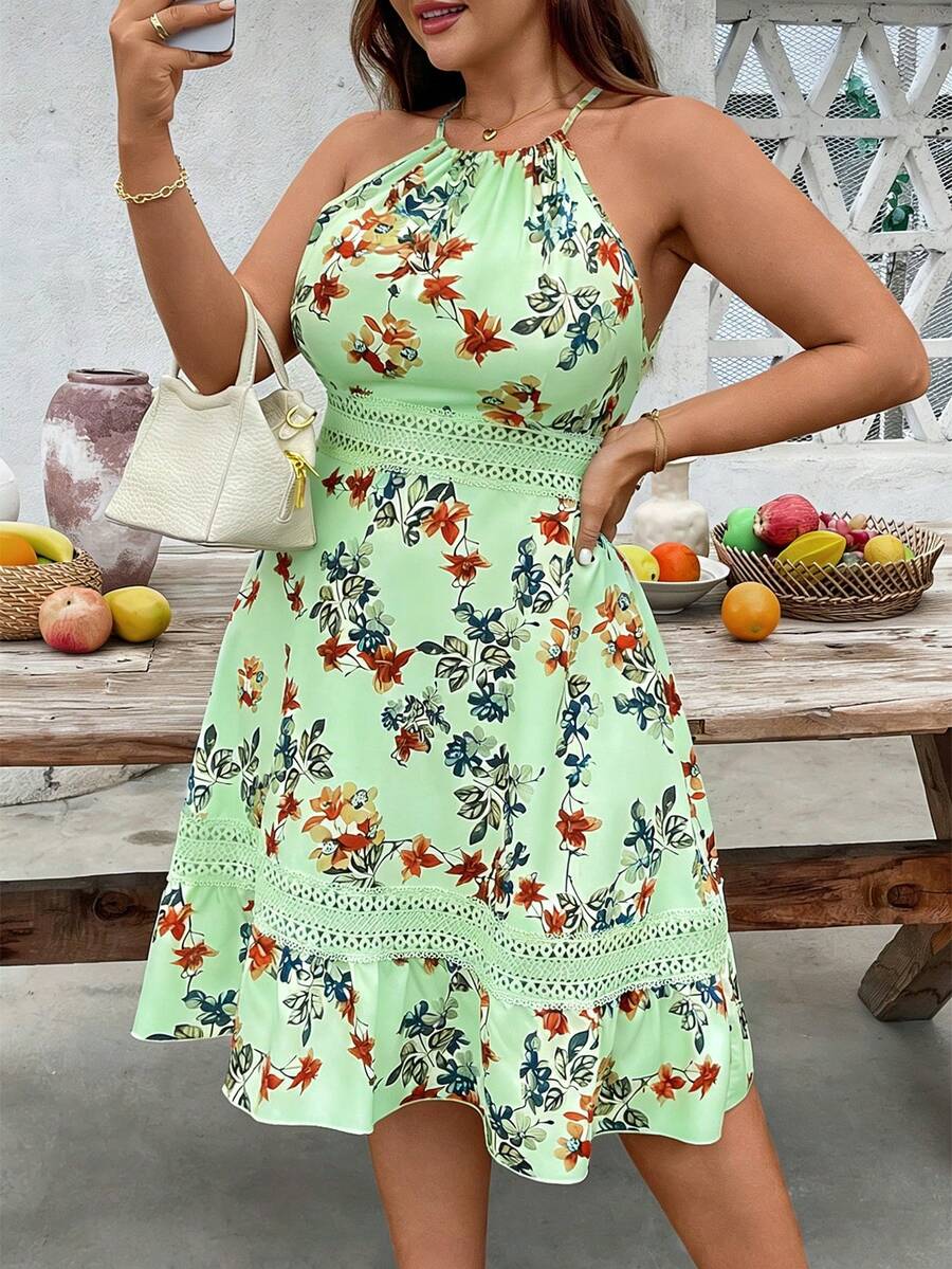 SHEIN Holidaya 女士印花撞色蕾丝夏季度假连衣裙 - 綠色 - 查看 1