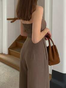 Cévolie Women's Solid Color Bandeau Wide Leg Jumpsuit - Brown - View 2