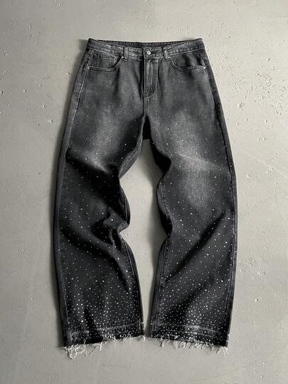 Manfinity EMRG Men's High Street American Streetwear Gradient Washed Rhinestone Embellished Loose Wide Leg Pants, Perfect Holiday Gift For Boyfriend & Husband Mens Rhinestone Jeans Grey Baggy Jeans