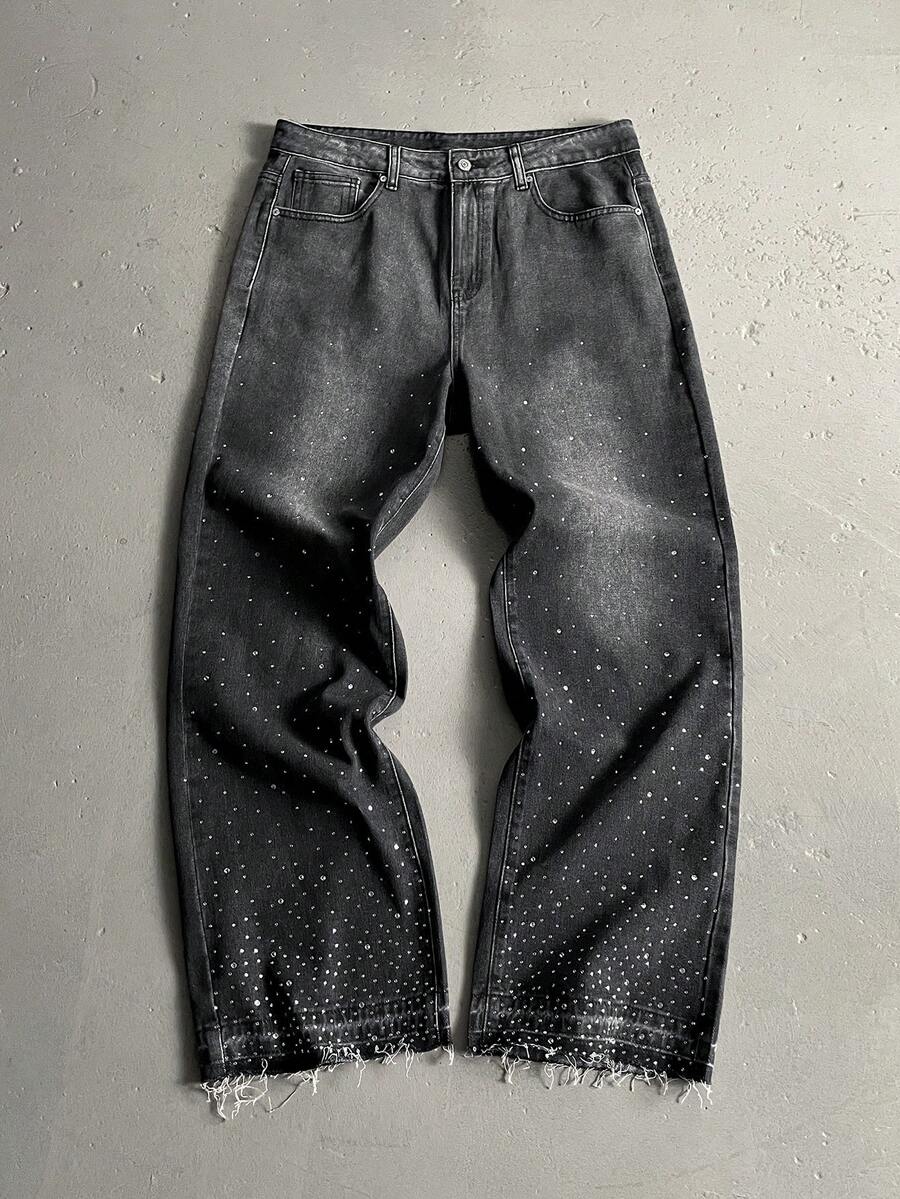 Manfinity EMRG Quần ống rộng dáng suông nam phong cách đường phố Mỹ, chất liệu vải denim bạc màu, đính đá lấp lánh. - màu đen - Xem 1