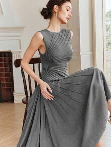 Anewsta Women's Solid Color Round Neck Pleated Elegant Waist Midi Dress For Party - Grey - View 2
