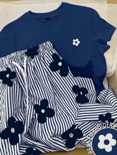 EMERY ROSE Conjunto de 2 piezas de talla grande con camiseta con bordado floral y pantalones con estampado floral a rayas