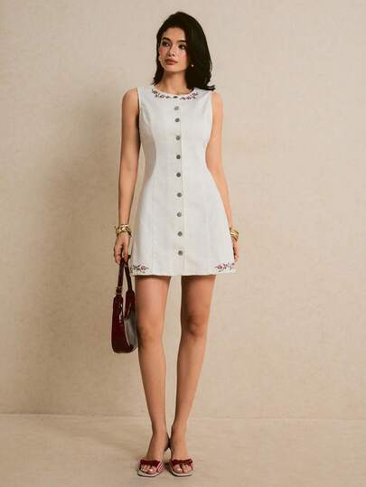 Poéselle 女士花卉刺绣单排扣圆领无袖休闲牛仔连衣裙 无袖连衣裙 白色牛仔连衣裙 刺绣连衣裙 白色休闲连衣裙 白色纽扣连衣裙 夏季度假装扮 优雅长裙 毕业礼服 女士春季连衣裙 婚礼宾客连衣裙 女士休闲连衣裙 女士夏季连衣裙 女士连衣裙 无袖刺绣连衣裙 白色纽扣连衣裙