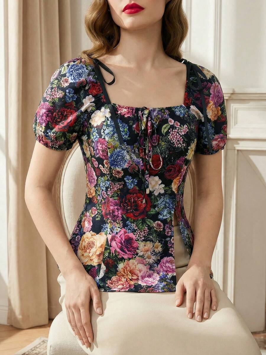 Suri Mira Elegancka damska bluzka w stylu vintage z bufiastymi rękawami, kwadratowym dekoltem i wiązaniem z przodu, z kwiatowym nadrukiem, idealna na lato, wiosnę, Walentynki, karnawał, wyjścia na plażę, imprezy, urodziny, wakacje, strój codzienny i ukończenie szkoły - Wielokolorowe - Zobacz 1