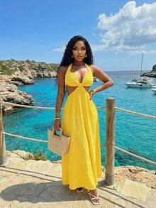 Slaydiva 优雅、浪漫又性感的连衣裙，完美适用于春夏度假、海滩派对、约会、生日派对、婚礼和游艇之旅。采用露背吊带、抹胸、低胸设计，以及飘逸的A字廓形。 - 黃色 - 查看 6