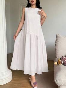 SHEIN Vestido casual suelto de maternidad de unicolor con cuello redondo y sin mangas - Blanco - Ver 9
