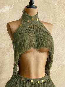 Soleia Fringe Detail Knit Top, Ibiza Style, Sexy Holiday Celebration Knit Vacation, Autumn/Winter - Army Green - View 7
