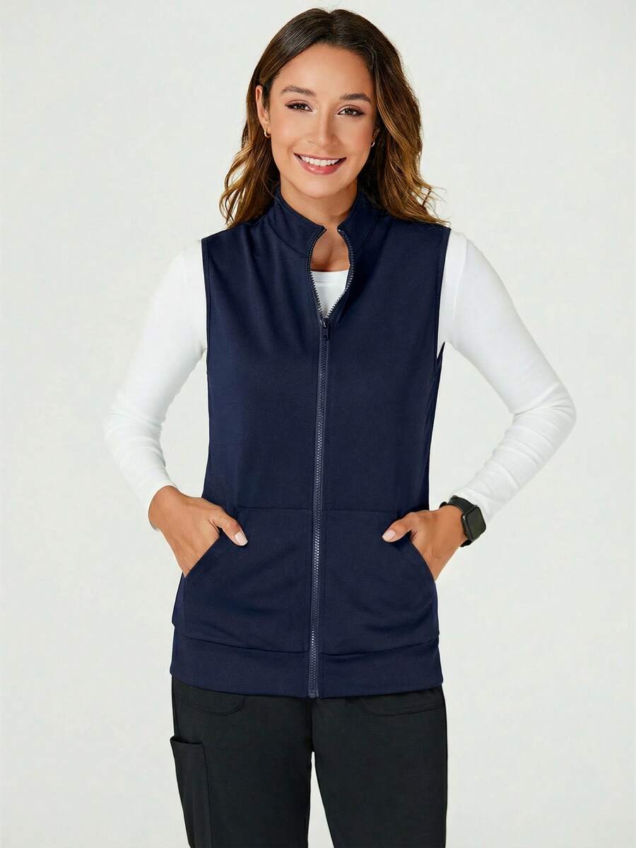 TaskEZ 女士纯色拉链前开襟无袖手术服外套 - 藏蓝色 - 查看 1