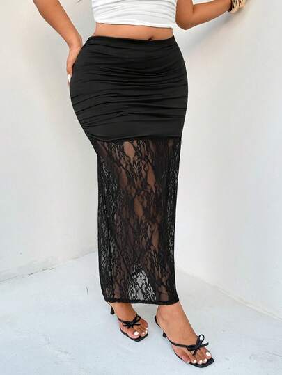 Auralis Plus Size Women Pleated Contrast Lace Fishtail Skirt, Elegant Summer Outfit For Women  Black