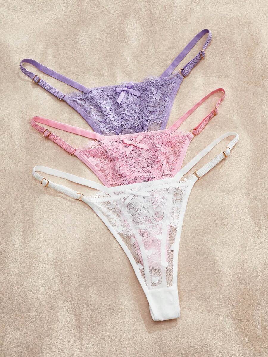 Charlaine 3pcs/Pack Women's Low-Rise Lace Thong Panties, Random Heart Pattern - Multicolor - View 1