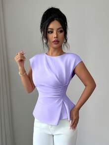 Elenzga 女款優雅辦公休閒淡紫色夏季無袖上衣，收腰喇叭下擺，適合度假、婚禮、派對 - 淡紫色 - 查看 3