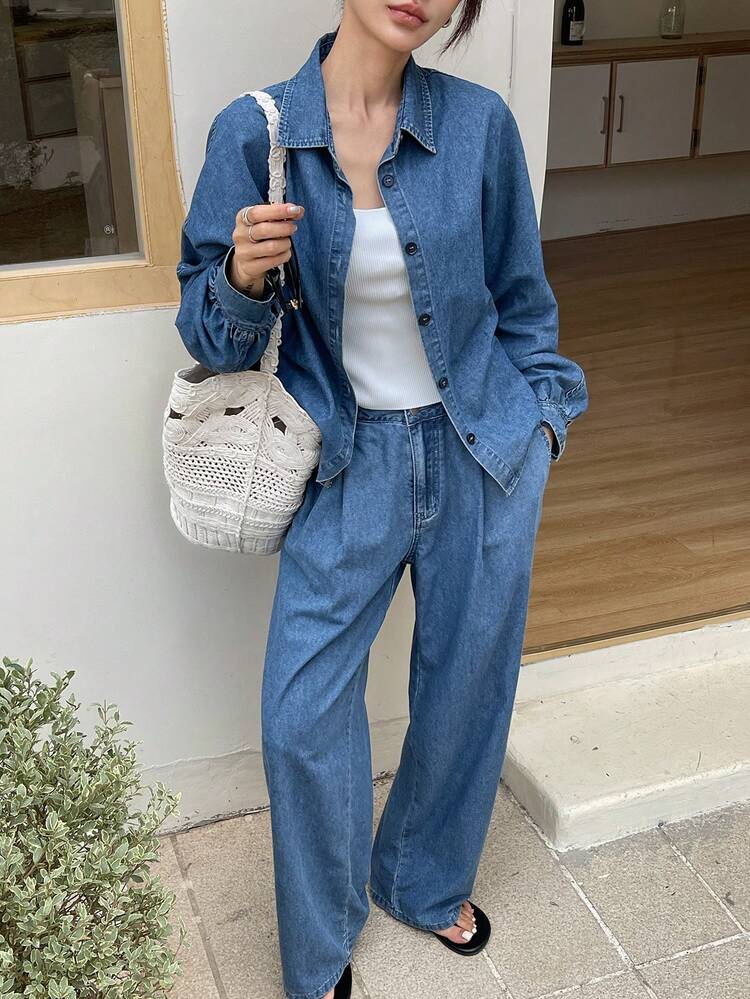 Women's Casual Washed Denim Shirt And Wide Leg Jeans Set, Spring