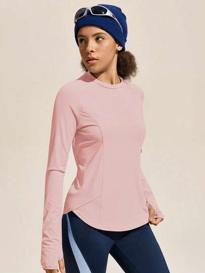  Exploreva 女士户外长袖运动T恤，带侧袋，适合户外运动、跑步、健身和瑜伽