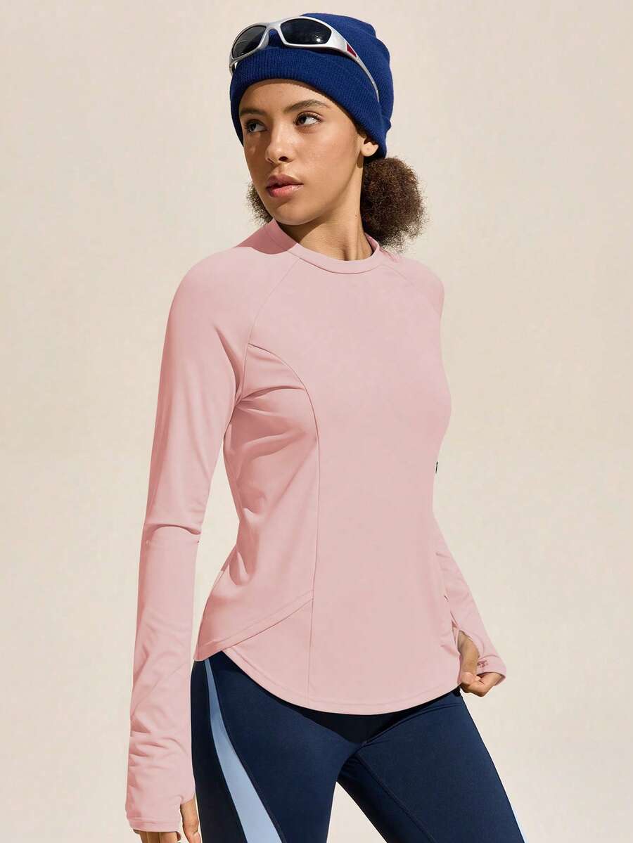 Exploreva 女士户外长袖运动T恤，带侧袋，适合户外运动、跑步、健身和瑜伽 - 粉色 - 查看 1