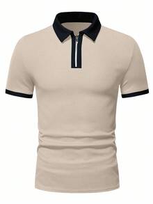 Manfinity Homme 男士對比色短袖休閒通勤 Polo 衫，適用儀式與正式場合 - 卡其色 - 查看 3