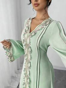 Rafferiza Women's Loose V-Neck Ruffle Long Sleeve Robe, Turkish Abaya, Arabic Kaftan - Aqua Blue - View 4