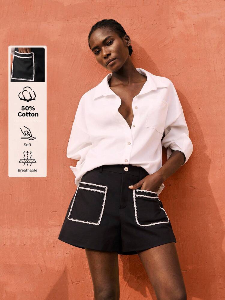 SHEIN Maija Damskie szorty typu patchwork z kieszeniami w pasie i szerokimi nogawkami, luźne i swobodne
