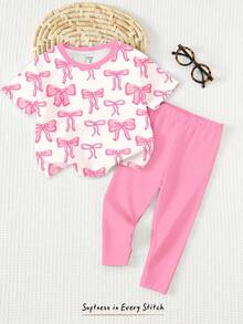 SHEIN 奶油白和奶油粉,甜美可爱的蝴蝶图案印花,少女休闲简约柔软舒适宽松圆领短袖T恤和打底裤套装,适合日常穿着、街头风、外出、居家、度假、返校、春夏少女装扮。 - 彩色 - 查看 5