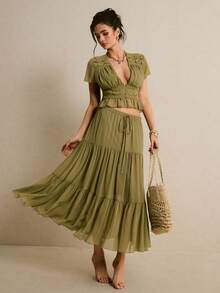 Poéselle Bộ 2 món kiểu Pháp: áo và chân váy phối ren màu trơn. - Màu xanh Ô liu - Xem 4