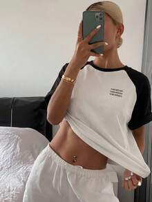 DAZY Letter Graphic Contrast Raglan Sleeve Tee - Black and White - View 3