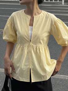 FRIFUL Women's Solid Color Short Petal Sleeve Zip Front Casual Shirt - Apricot - View 8