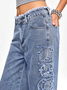 ROMWE Grunge Punk 女式超低腰宽松侧贴英文字牛仔裤 - 藍色 - 查看 6