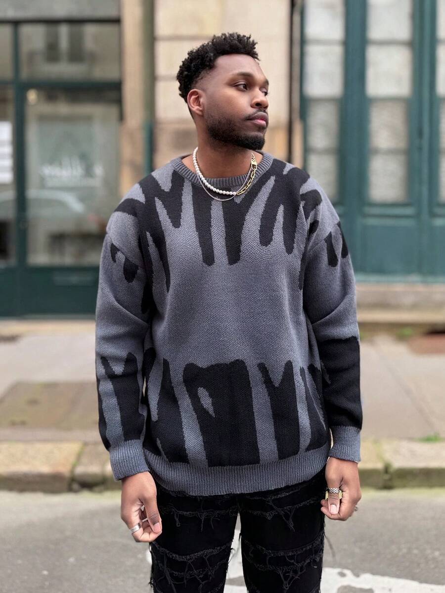 Heavens Edit Men Graphic Pattern Sweater , Fall Winter, Long Sleeve Top - Grey - View 1