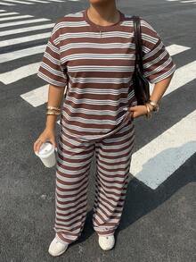SHEIN EZwear Bộ đồ nữ cỡ lớn gồm áo tay ngắn kẻ sọc và quần ống rộng, kiểu dáng thường ngày, gồm 2 món. - Nhiều màu - Xem 6