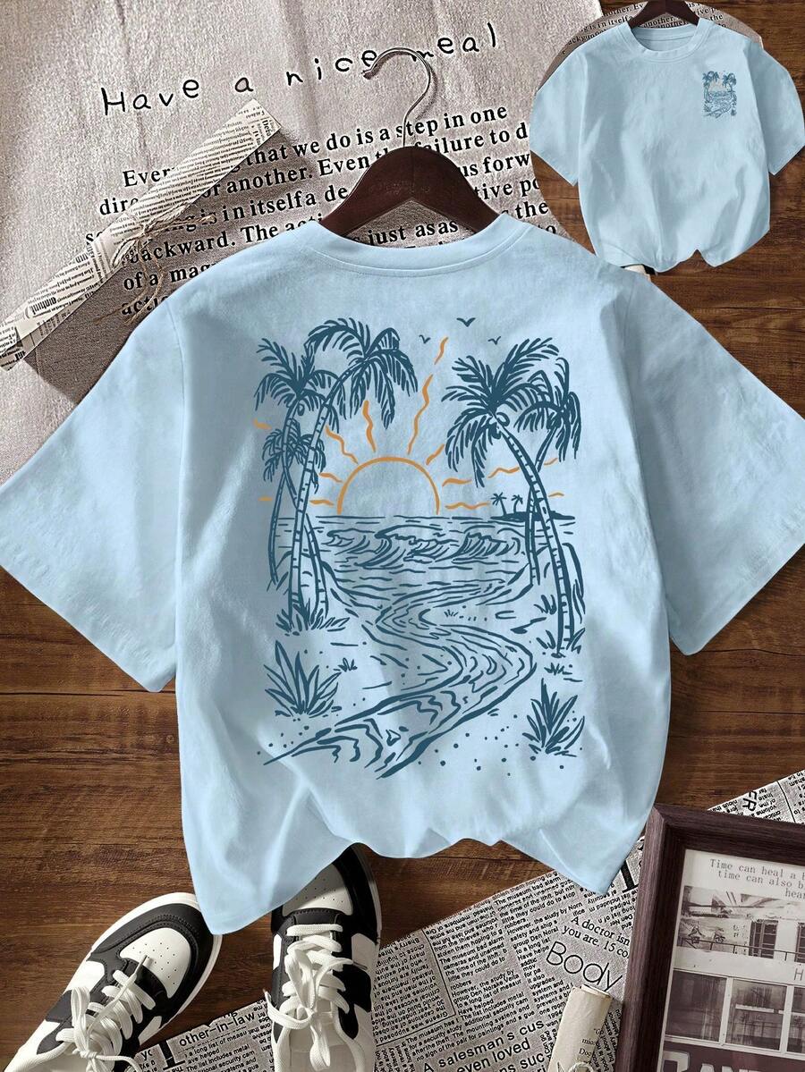 EMERY ROSE Women's Casual Coconut Tree Print Round Neck Short Sleeve T-Shirt, Summer - Baby Blue - View 1