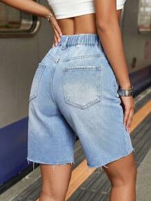 Teen Girl Y2K Fashionable Light Washed High Waist Ripped Baggy Raw Hem Denim Long Shorts,2000S Vintage Bermuda Jeans Shorts,For Sport Outdoor,Suitable For Spring And Summer Boho,Season Vintage//Beach/Sea/Elegant Graduation,Casual's Jumpsuit,Summer Holiday,Spring,Beach,Vacation,Valentine's Day,Summer Holiday,Beach Vacation Holiday - Light Wash - View 2