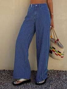 Jeans de pierna ancha de mujer con lavado y rayas casual - Azul lavado medio - Ver 3