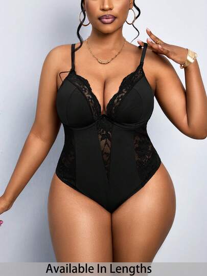 SHEIN PETITE CURVE Plus Size Summer Fashion Solid Color Contrast Lace Sexy Bodysuit
