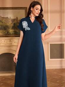 Al Najma Đầm thanh lịch cổ tàu thêu hoa tay raglan - Màu xanh hải quân - Xem 5