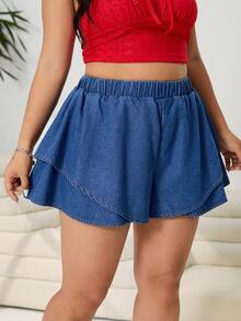 Solflare Plus Size Women's Elastic Waist Ruffle Hem Denim Skort,Dark Blue,Summer,Casual,Hiking Chic Y2k Streetwear Party Elegant Business Casual Carnival Skort - Blue - View 6