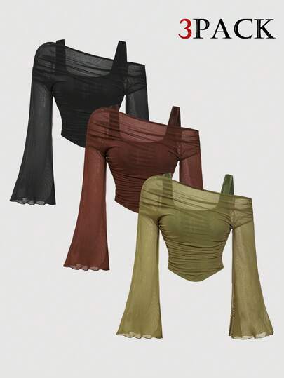 SHEIN MOD 二合一露肩网纱喇叭袖长袖女式衬衫，多件装，春季，情人节，情人节女装，狂欢节，鸡尾酒会礼服，西式，复古风，70年代风，单件派对风格露肩衬衫，露肩网纱透视上衣，露肩上衣