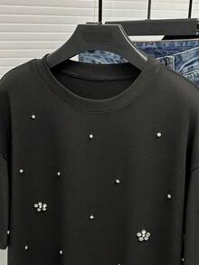 Franclia 夏季T恤，夏季上衣，夏季优雅串珠水钻镶嵌上衣，新款休闲钻石装饰修身宽松女式T恤，女士优雅上衣，女士休闲T恤，女士黑色T恤，女士黑色水钻装饰上衣，宽松短袖上衣，女士时尚短袖上衣，黑色铆钉短袖上衣 - 黑色 - 查看 6