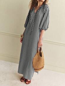 SHEIN Holidaya 2016春夏新款休闲优雅复古简约宽松红白格纹V领系带袖七分袖连衣裙（女款） - 黑色 - 查看 6