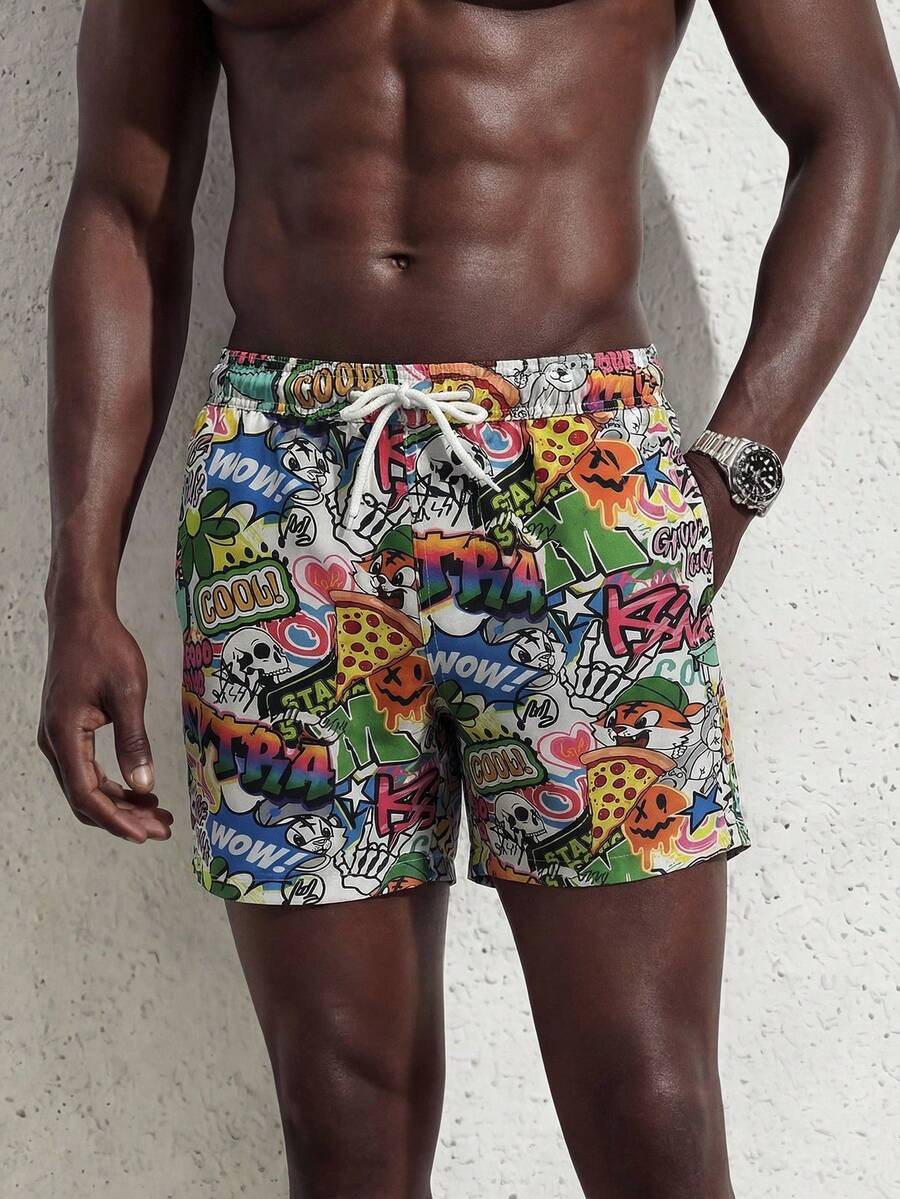 Manfinity Swimmode Quần short nam tối giản in họa tiết, kiểu dáng thường ngày, thích hợp đi biển. - Đỏ và trắng - Xem 1