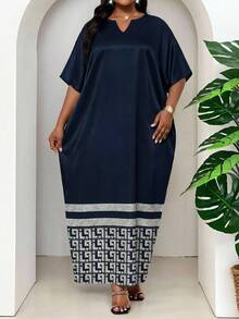 SHEIN Lady Plus Size Spring, Summer, Autumn And Winter Elegant Navy Blue  Braided Notch Robe Dress Plus Size Dress - Navy Blue - View 3