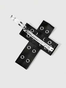 ROMWE Goth 2件組 Y2K 龐克甜酷黑色皮革雙排金屬孔眼拼接十字 DIY 髮夾彈簧夾馬尾夾組合套裝 - 黑色-29 - 查看 8