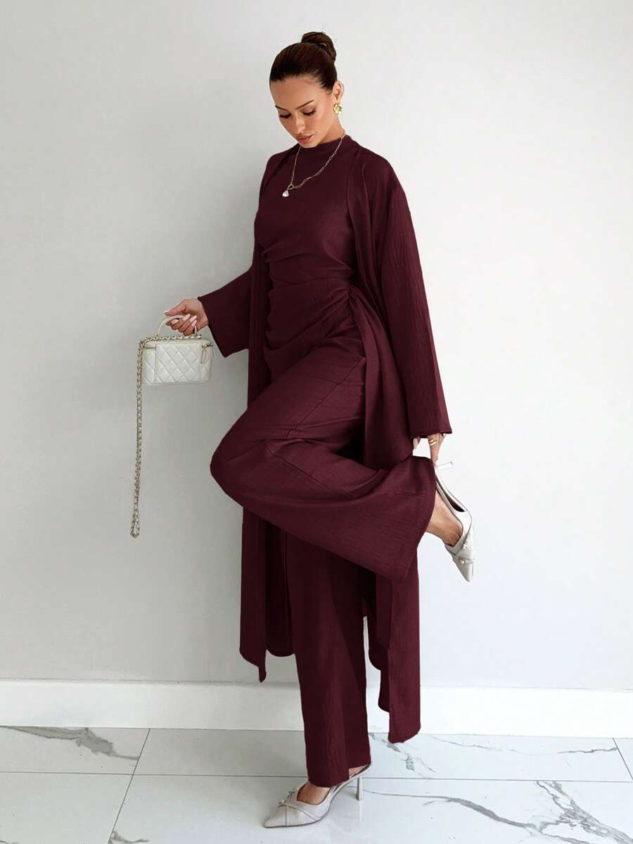 Siren Gaze 3 Pieces Set: Elegant Solid Color Blazer, Vest, And Pants For Commuting - Burgundy - View 1